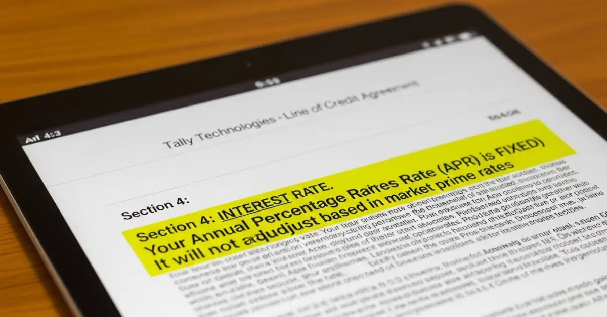 Screenshot of a digital Tally loan agreement document highlighting the fixed interest rate terms.