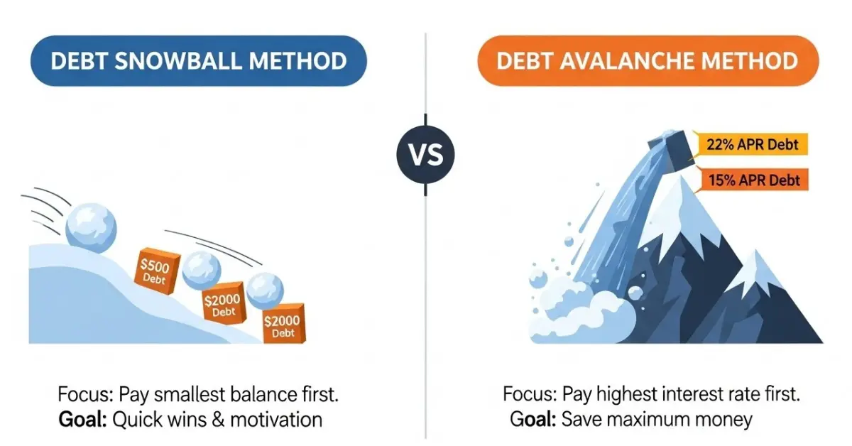 Infographic comparison chart showing the difference between Debt Snowball and Debt Avalanche repayment methods.